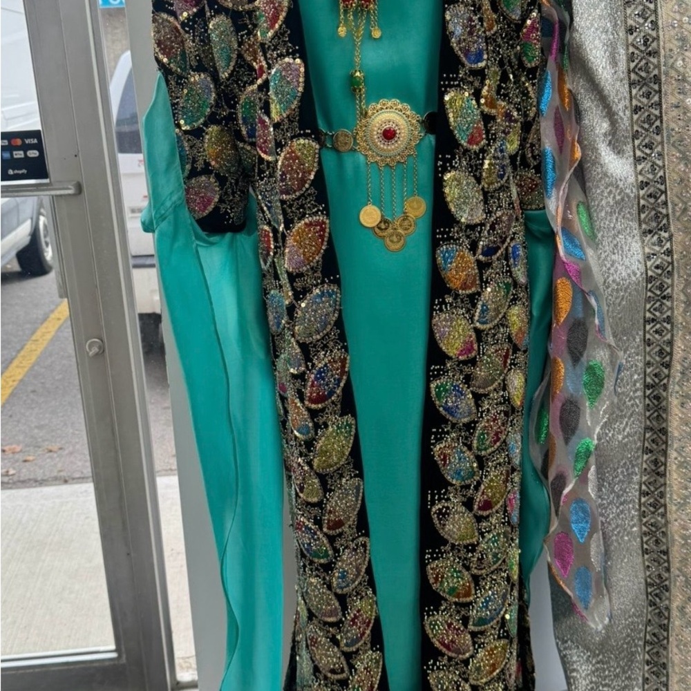 Embroidered Beaded Black Trim Turquoise Kaftan